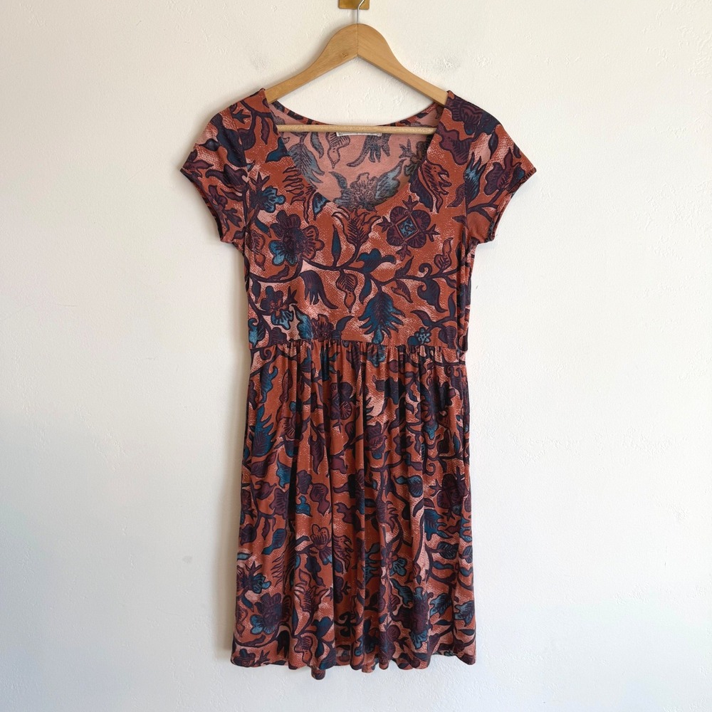 Peruvian Connection Dress Rust Moody Floral Pima Cotton Boho Artsy Earthy XS